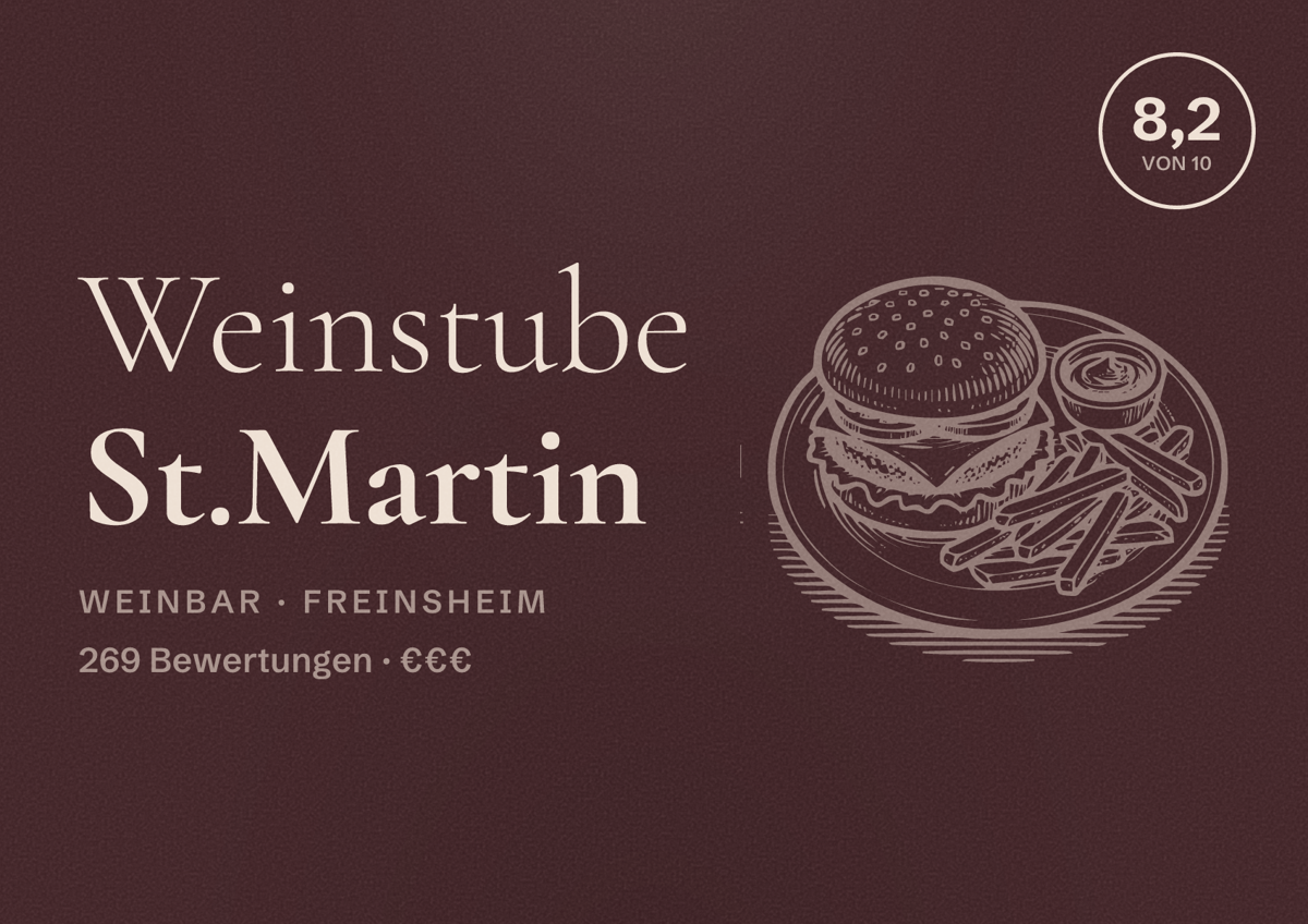 Illustriertes Poster von Weinstube St.Martin, Weinbar in Freinsheim: Bewertung 8,2 von 10 aus 269 Bewertungen, Preisniveau €€€