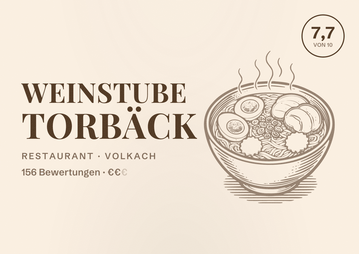 Illustriertes Poster von Weinstube Torbäck, Restaurant in Volkach: Bewertung 7,7 von 10 aus 156 Bewertungen, Preisniveau €€