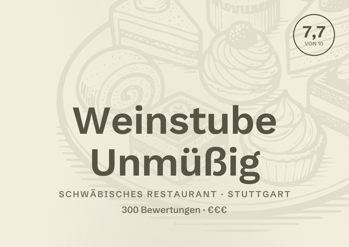 Illustriertes Poster von Weinstube Unmüßig, Schwäbisches Restaurant in Stuttgart: Bewertung 7,7 von 10 aus 300 Bewertungen, Preisniveau €€€