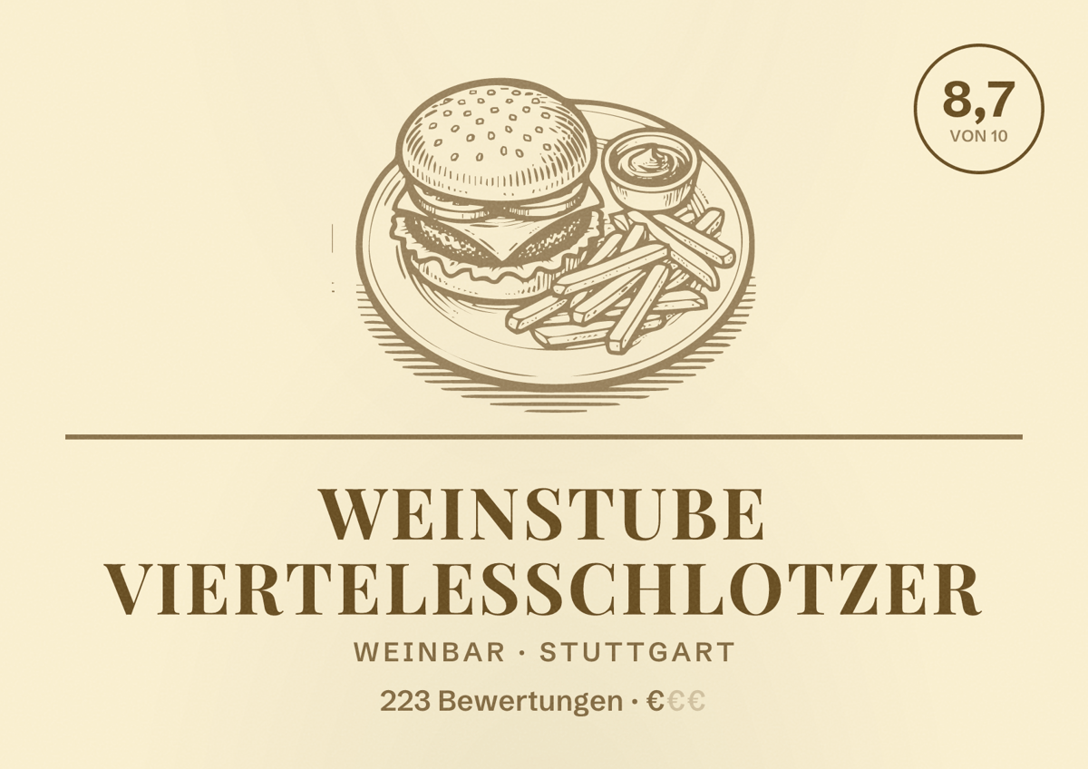 Illustriertes Poster von Weinstube Viertelesschlotzer, Weinbar in Stuttgart: Bewertung 8,7 von 10 aus 223 Bewertungen, Preisniveau €