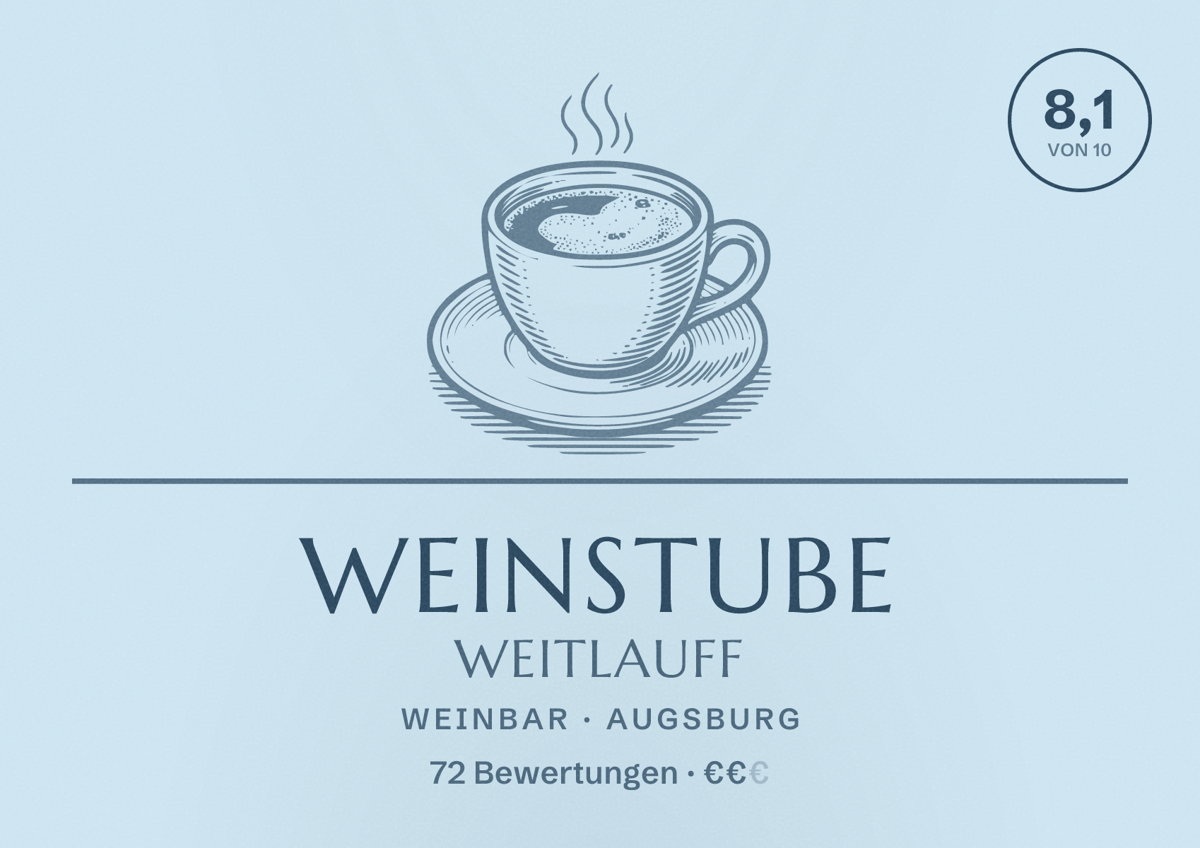 Illustriertes Poster von Weinstube Weitlauff, Weinbar in Augsburg: Bewertung 8,1 von 10 aus 72 Bewertungen, Preisniveau €€