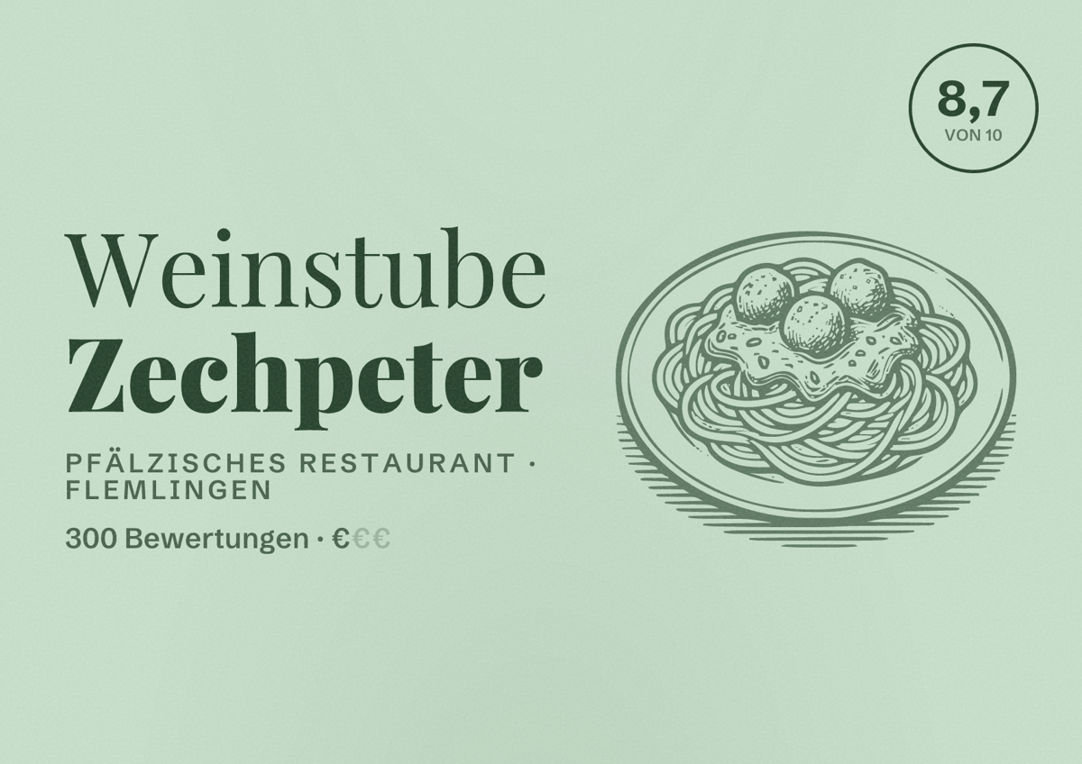 Illustriertes Poster von Weinstube Zechpeter, Pfälzisches Restaurant in Flemlingen: Bewertung 8,7 von 10 aus 300 Bewertungen, Preisniveau €