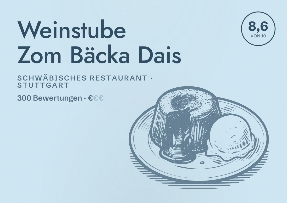 Illustriertes Poster von Weinstube Zom Bäcka Dais, Schwäbisches Restaurant in Stuttgart: Bewertung 8,6 von 10 aus 300 Bewertungen, Preisniveau €