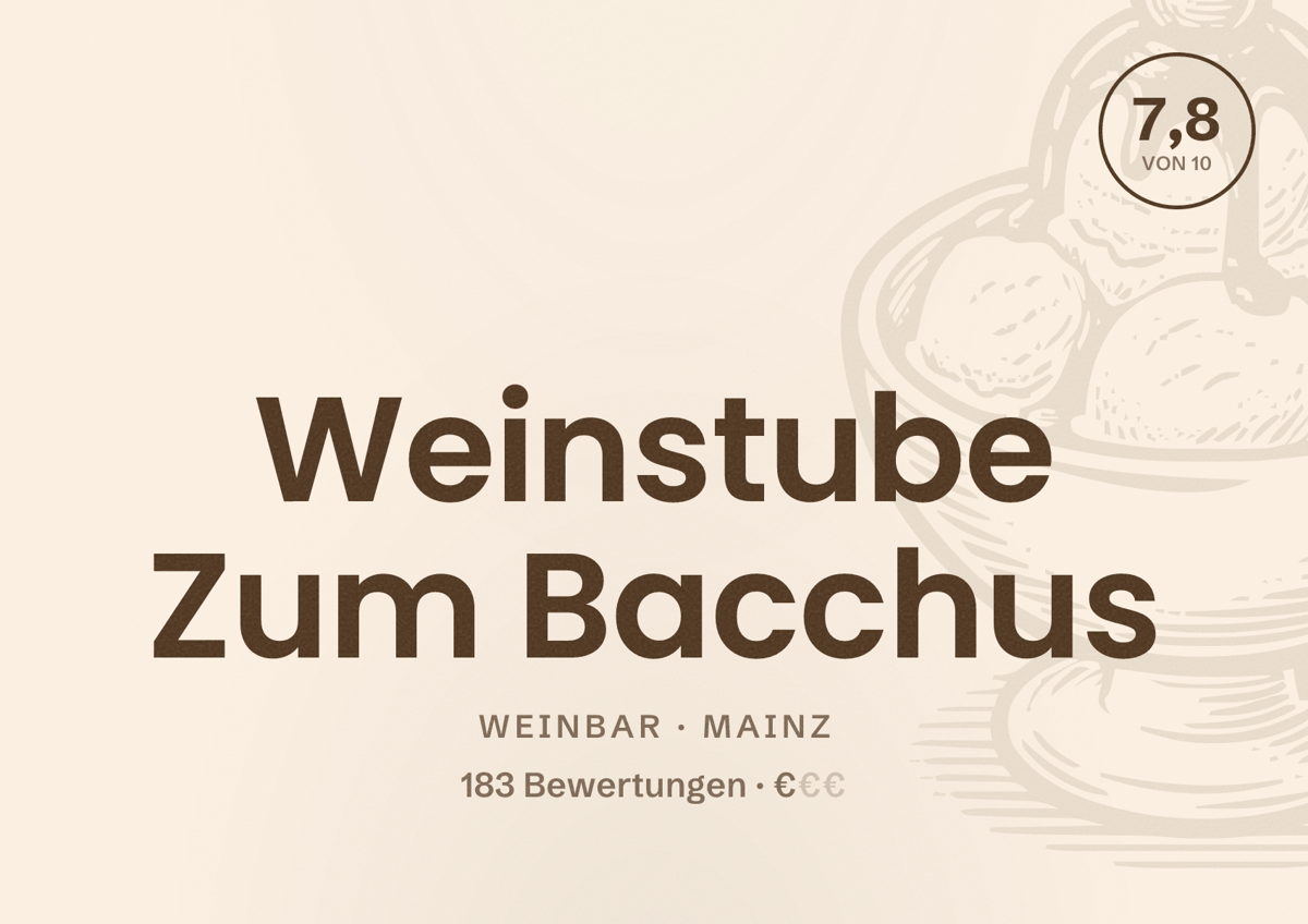 Illustriertes Poster von Weinstube Zum Bacchus, Weinbar in Mainz: Bewertung 7,8 von 10 aus 183 Bewertungen, Preisniveau €