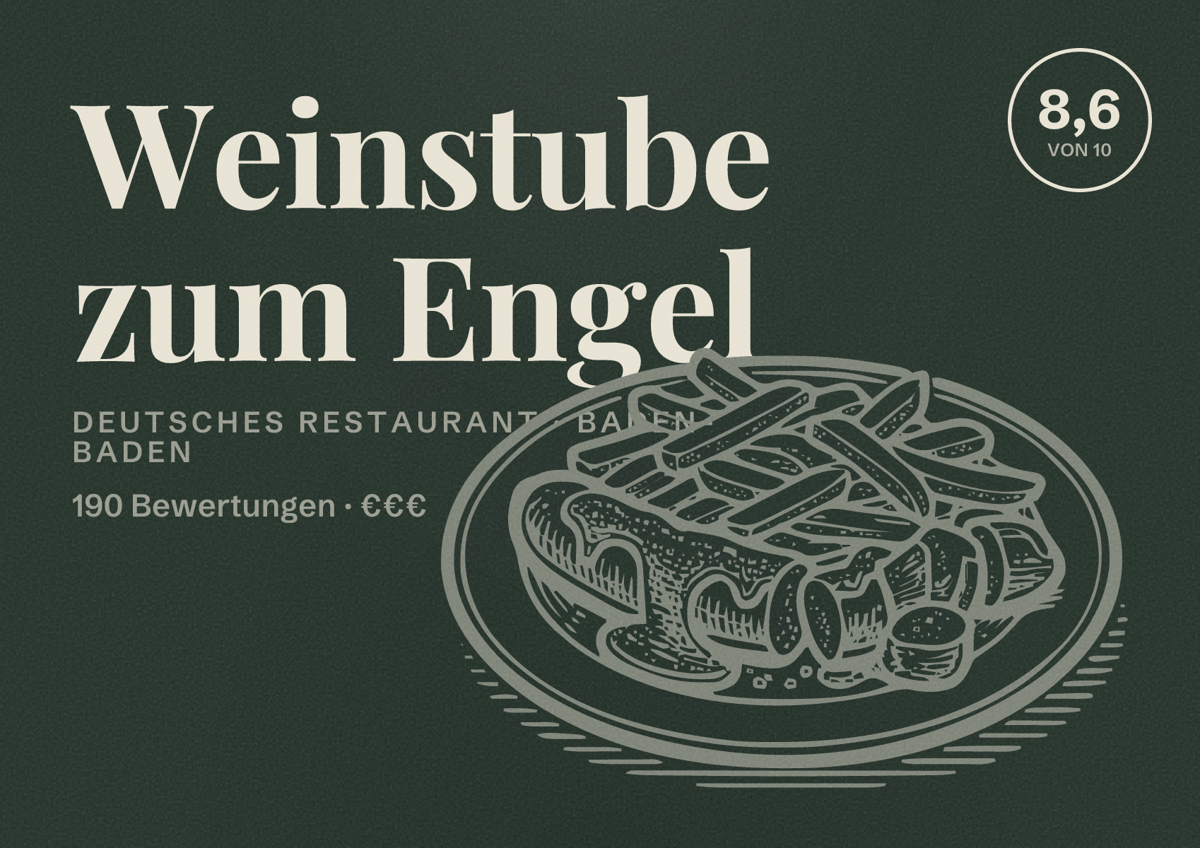 Illustriertes Poster von Weinstube zum Engel, Deutsches Restaurant in Baden-Baden: Bewertung 8,6 von 10 aus 190 Bewertungen, Preisniveau €€€