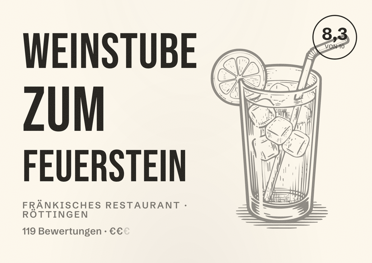 Illustriertes Poster von Weinstube zum Feuerstein, Fränkisches Restaurant in Röttingen: Bewertung 8,3 von 10 aus 119 Bewertungen, Preisniveau €€
