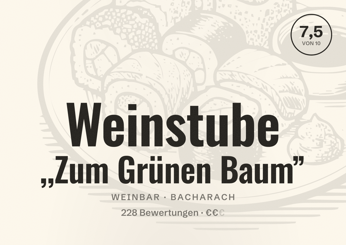 Illustriertes Poster von Weinstube ,,Zum Grünen Baum”, Weinbar in Bacharach: Bewertung 7,5 von 10 aus 228 Bewertungen, Preisniveau €€