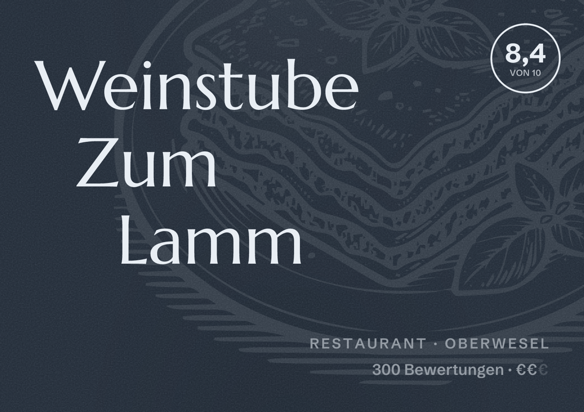 Illustriertes Poster von Weinstube Zum Lamm, Restaurant in Oberwesel: Bewertung 8,4 von 10 aus 300 Bewertungen, Preisniveau €€