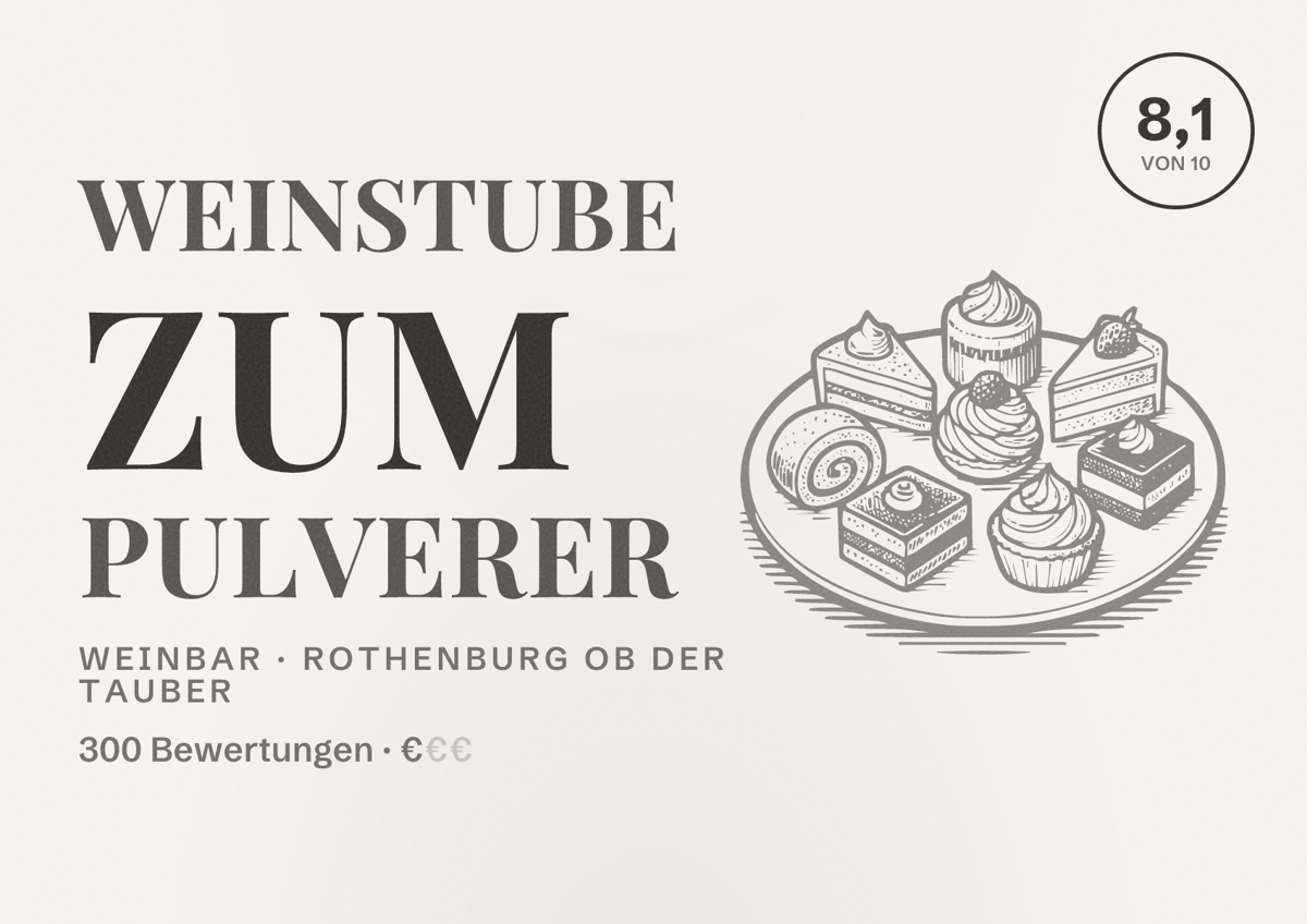 Illustriertes Poster von Weinstube zum Pulverer, Weinbar in Rothenburg ob der Tauber: Bewertung 8,1 von 10 aus 300 Bewertungen, Preisniveau €
