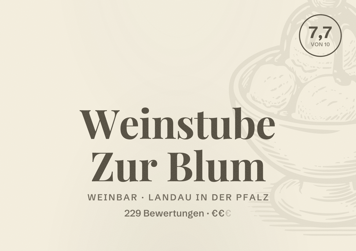 Illustriertes Poster von Weinstube Zur Blum, Weinbar in Landau in der Pfalz: Bewertung 7,7 von 10 aus 229 Bewertungen, Preisniveau €€