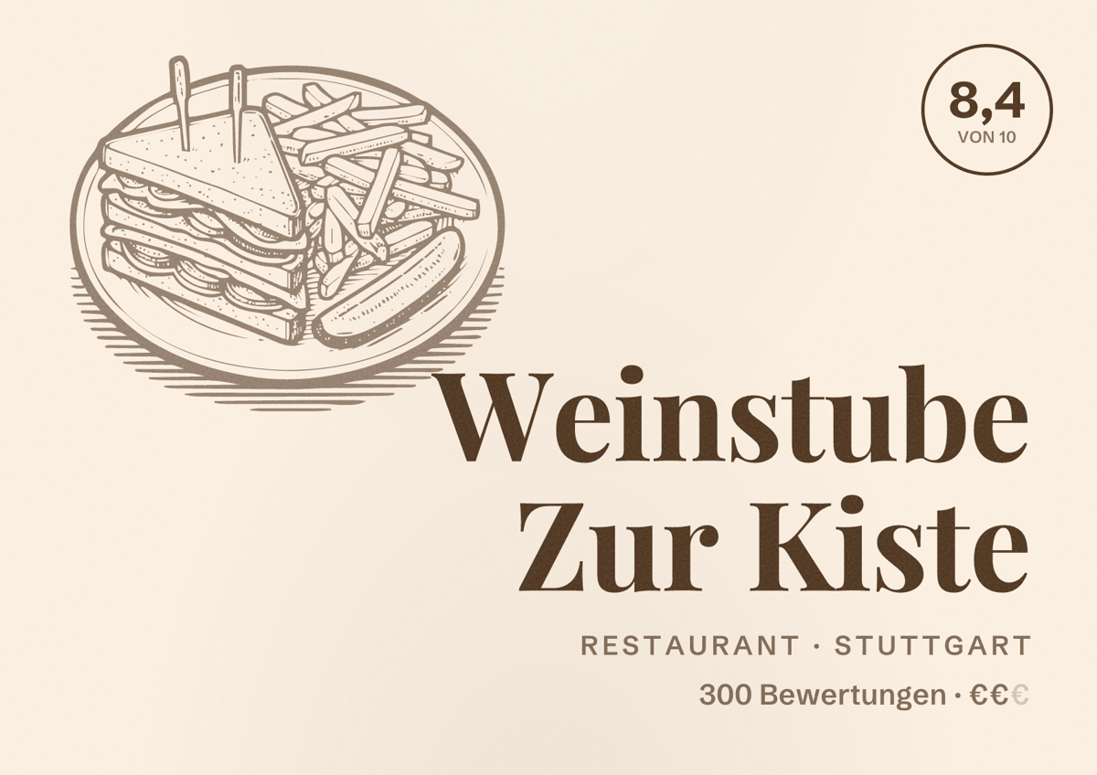 Illustriertes Poster von Weinstube Zur Kiste, Restaurant in Stuttgart: Bewertung 8,4 von 10 aus 300 Bewertungen, Preisniveau €€