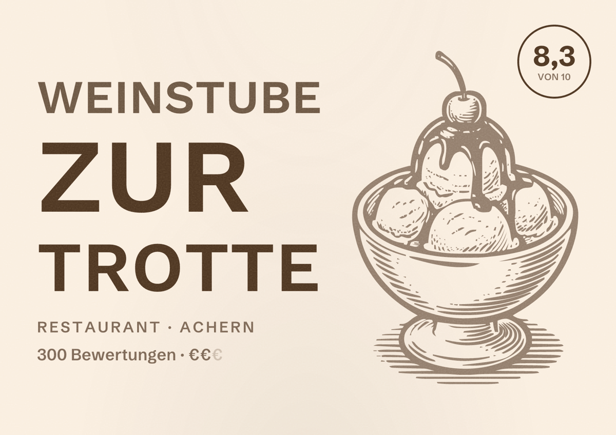 Illustriertes Poster von Weinstube zur Trotte, Restaurant in Achern: Bewertung 8,3 von 10 aus 300 Bewertungen, Preisniveau €€
