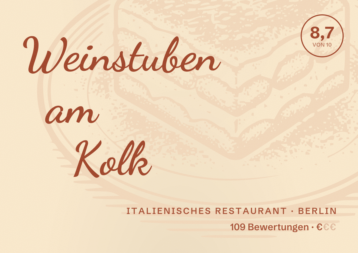 Illustriertes Poster von Weinstuben am Kolk, Italienisches Restaurant in Berlin: Bewertung 8,7 von 10 aus 109 Bewertungen, Preisniveau €
