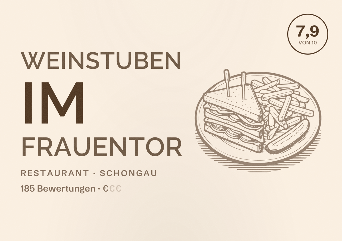 Illustriertes Poster von Weinstuben im Frauentor, Restaurant in Schongau: Bewertung 7,9 von 10 aus 185 Bewertungen, Preisniveau €