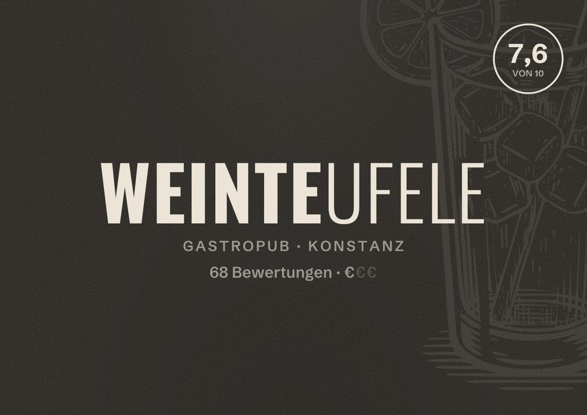 Illustriertes Poster von Weinteufele, Gastropub in Konstanz: Bewertung 7,6 von 10 aus 68 Bewertungen, Preisniveau €