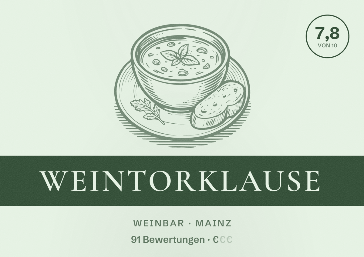 Illustriertes Poster von Weintorklause, Weinbar in Mainz: Bewertung 7,8 von 10 aus 91 Bewertungen, Preisniveau €