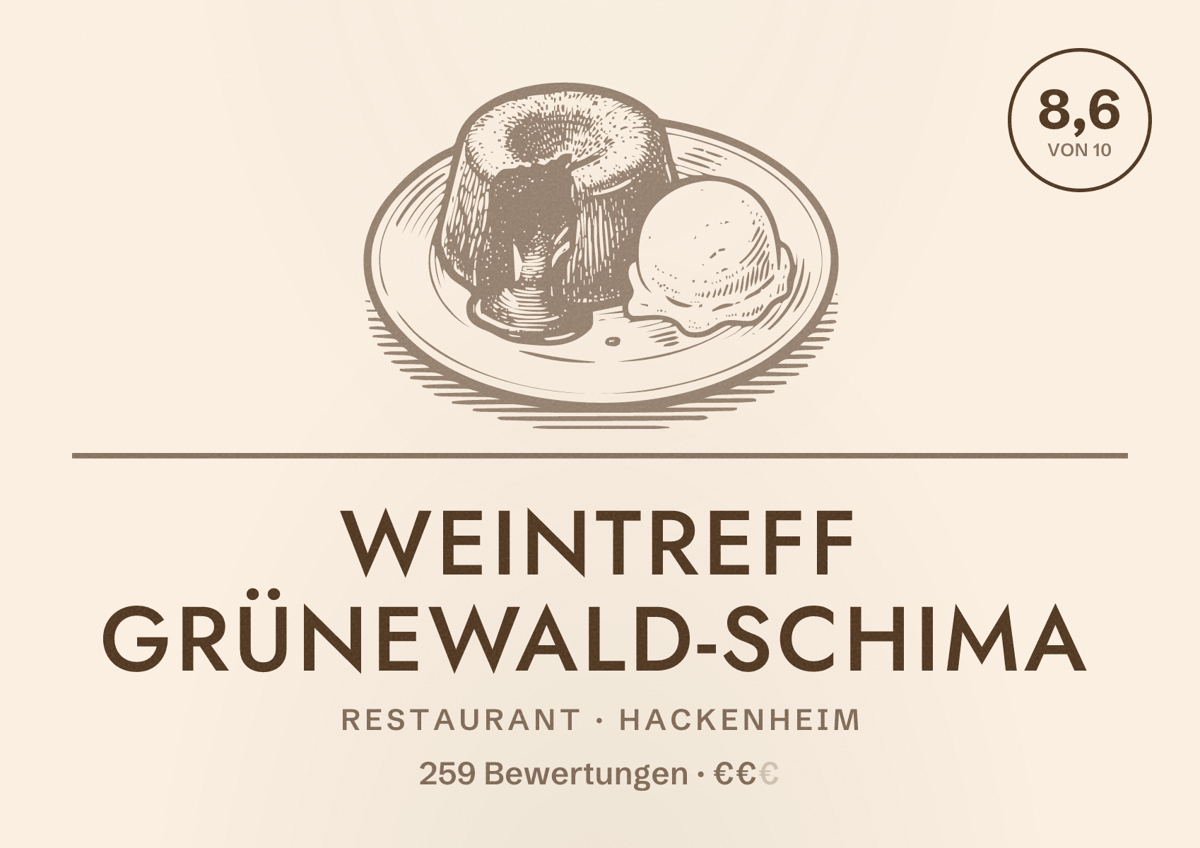 Illustriertes Poster von Weintreff Grünewald-Schima, Restaurant in Hackenheim: Bewertung 8,6 von 10 aus 259 Bewertungen, Preisniveau €€