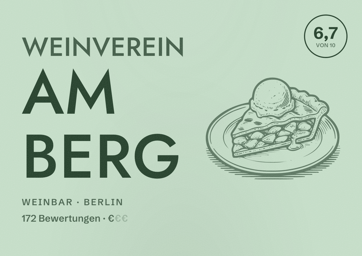 Illustriertes Poster von Weinverein am Berg, Weinbar in Berlin: Bewertung 6,7 von 10 aus 172 Bewertungen, Preisniveau €