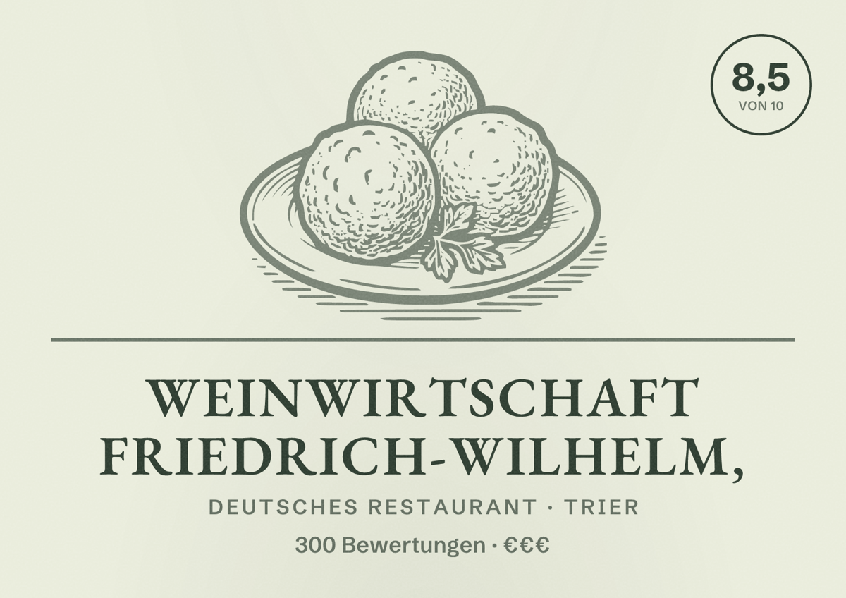 Illustriertes Poster von Weinwirtschaft Friedrich-Wilhelm,, Deutsches Restaurant in Trier: Bewertung 8,5 von 10 aus 300 Bewertungen, Preisniveau €€€