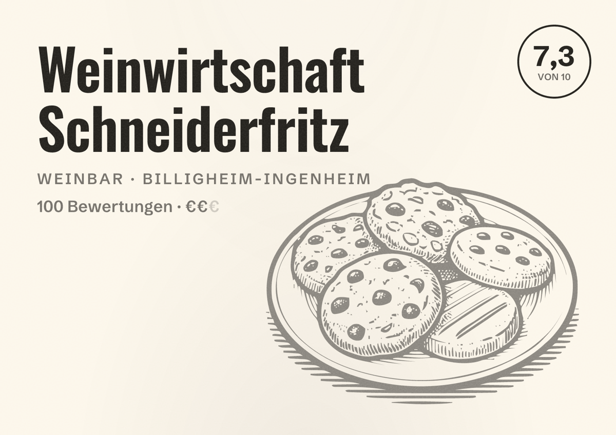 Illustriertes Poster von Weinwirtschaft Schneiderfritz, Weinbar in Billigheim-Ingenheim: Bewertung 7,3 von 10 aus 100 Bewertungen, Preisniveau €€