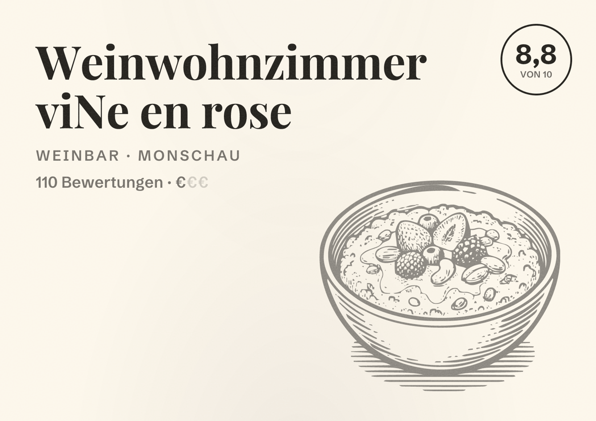 Illustriertes Poster von Weinwohnzimmer viNe en rose, Weinbar in Monschau: Bewertung 8,8 von 10 aus 110 Bewertungen, Preisniveau €