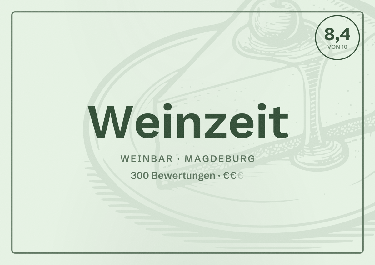 Illustriertes Poster von Weinzeit, Weinbar in Magdeburg: Bewertung 8,4 von 10 aus 300 Bewertungen, Preisniveau €€