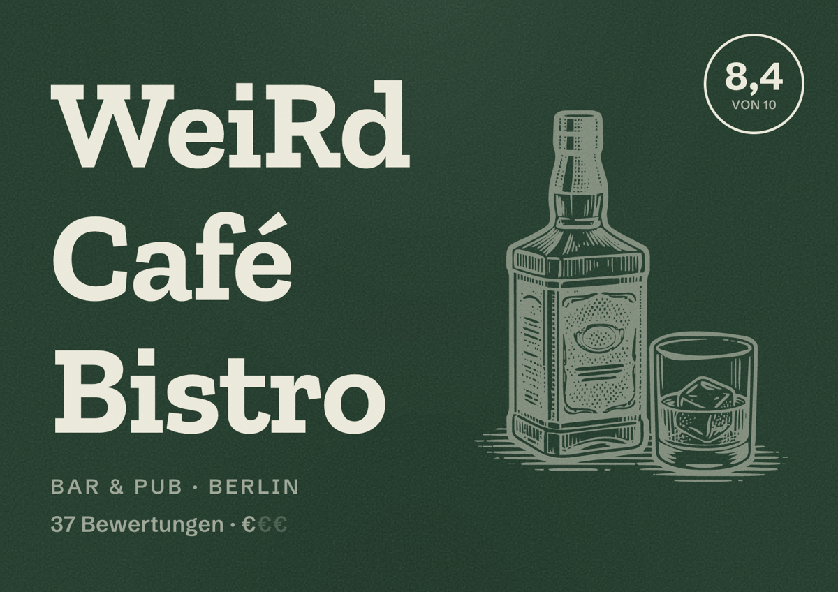 Illustriertes Poster von WeiRd Café Bistro, Bar & Pub in Berlin: Bewertung 8,4 von 10 aus 37 Bewertungen, Preisniveau €