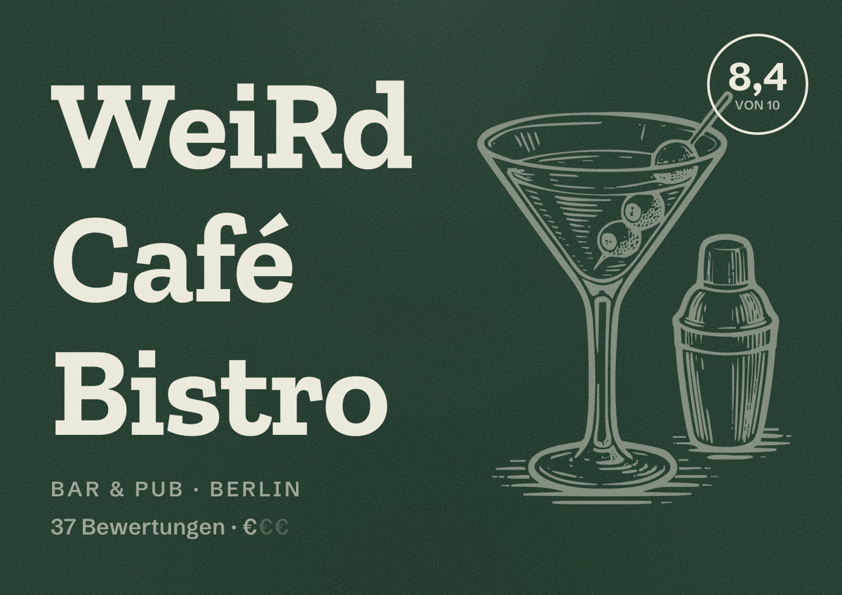 Illustriertes Poster von WeiRd Café Bistro, Bar & Pub in Berlin: Bewertung 8,4 von 10 aus 37 Bewertungen, Preisniveau €