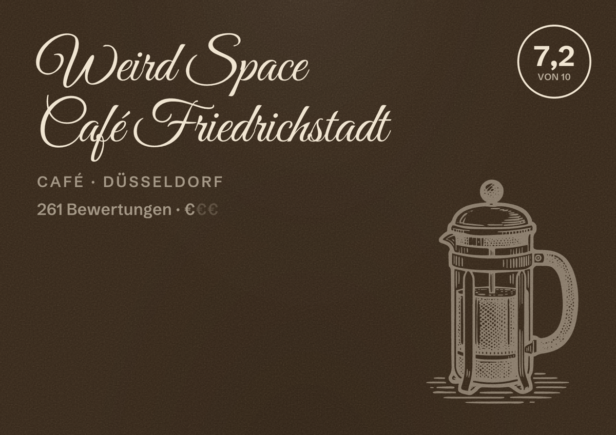 Illustriertes Poster von Weird Space Café Friedrichstadt, Café in Düsseldorf: Bewertung 7,2 von 10 aus 261 Bewertungen, Preisniveau €