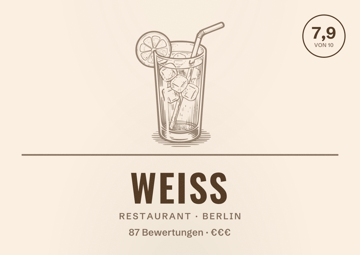 Illustriertes Poster von Weiss, Restaurant in Berlin: Bewertung 7,9 von 10 aus 87 Bewertungen, Preisniveau €€€
