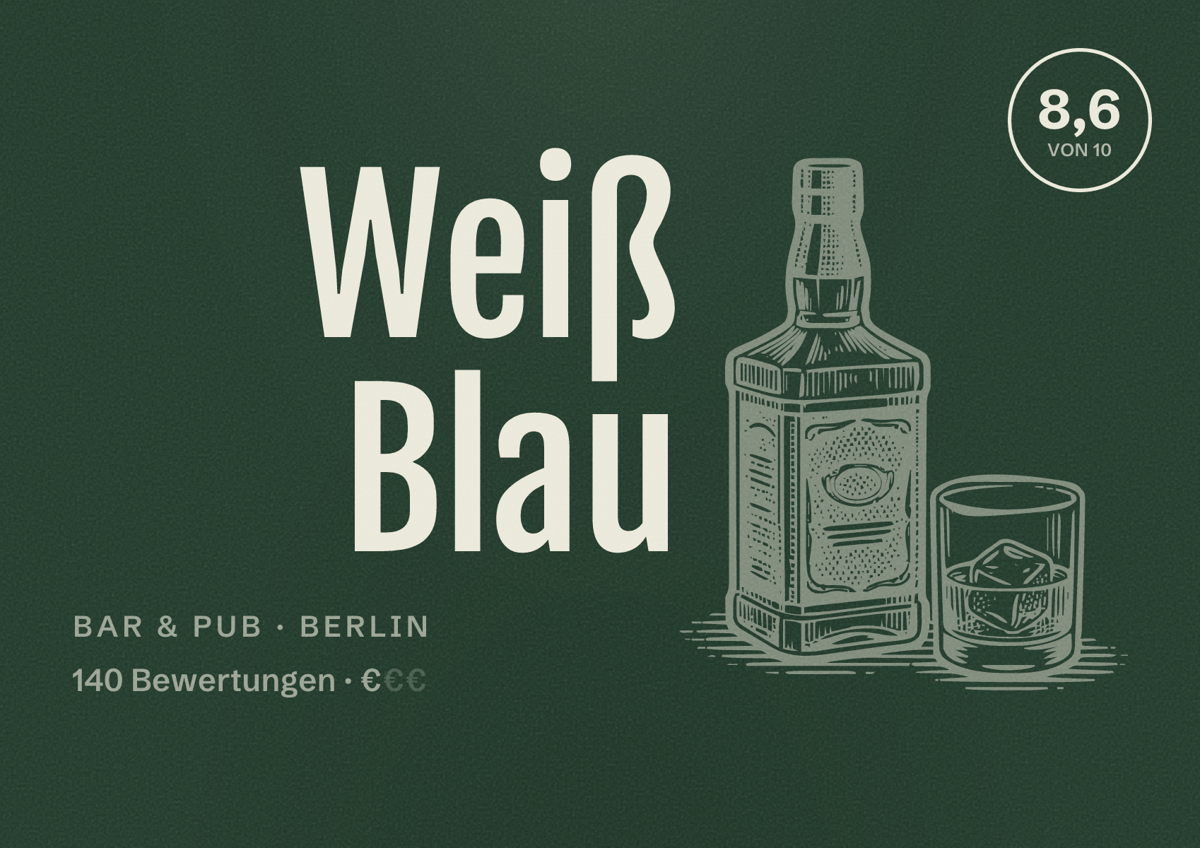 Illustriertes Poster von Weiß Blau, Bar & Pub in Berlin: Bewertung 8,6 von 10 aus 140 Bewertungen, Preisniveau €
