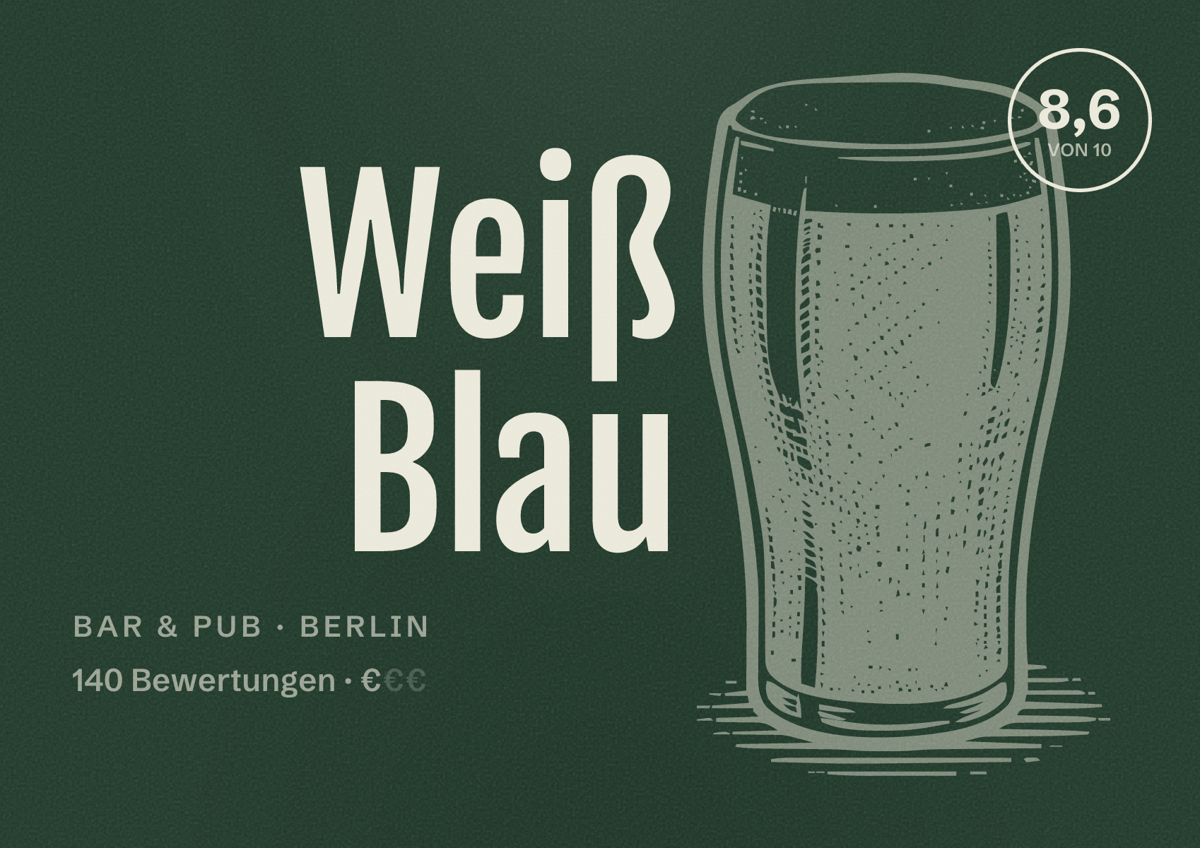 Illustriertes Poster von Weiß Blau, Bar & Pub in Berlin: Bewertung 8,6 von 10 aus 140 Bewertungen, Preisniveau €