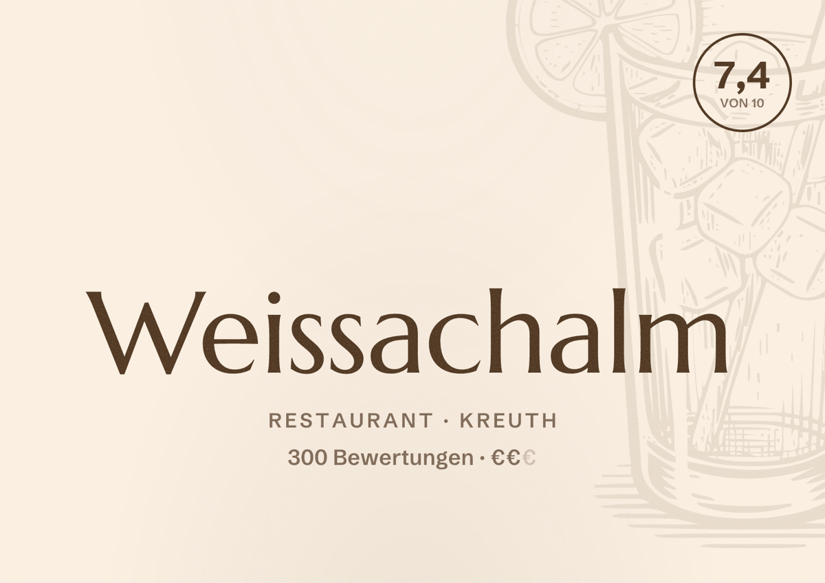 Illustriertes Poster von Weissachalm, Restaurant in Kreuth: Bewertung 7,4 von 10 aus 300 Bewertungen, Preisniveau €€