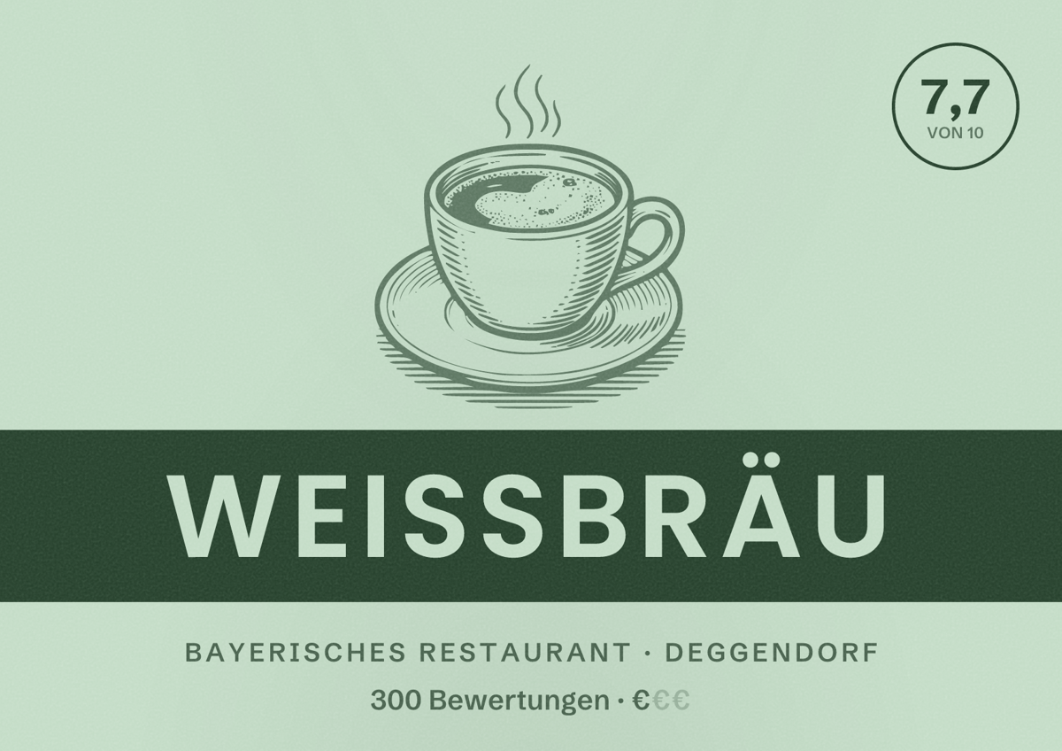 Illustriertes Poster von Weissbräu, Bayerisches Restaurant in Deggendorf: Bewertung 7,7 von 10 aus 300 Bewertungen, Preisniveau €
