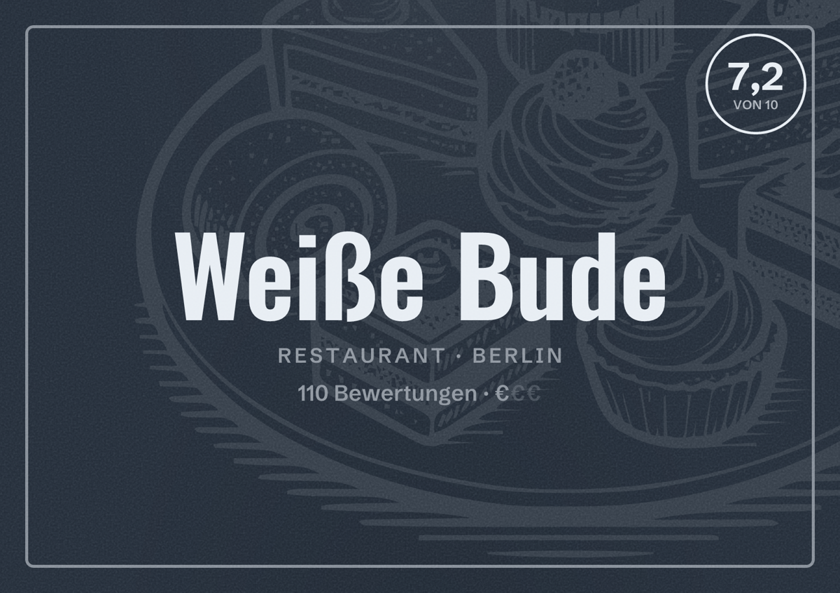 Illustriertes Poster von Weiße Bude, Restaurant in Berlin: Bewertung 7,2 von 10 aus 110 Bewertungen, Preisniveau €