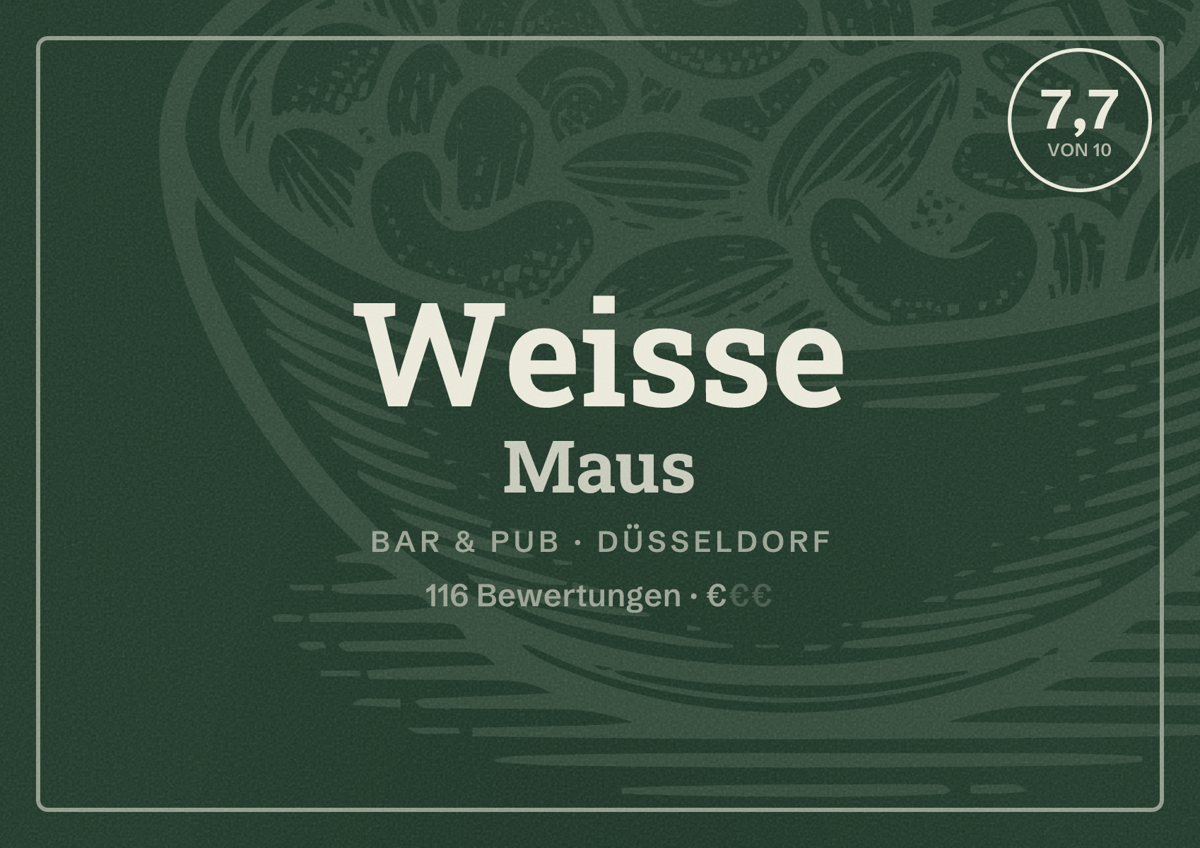 Illustriertes Poster von Weisse Maus, Bar & Pub in Düsseldorf: Bewertung 7,7 von 10 aus 116 Bewertungen, Preisniveau €