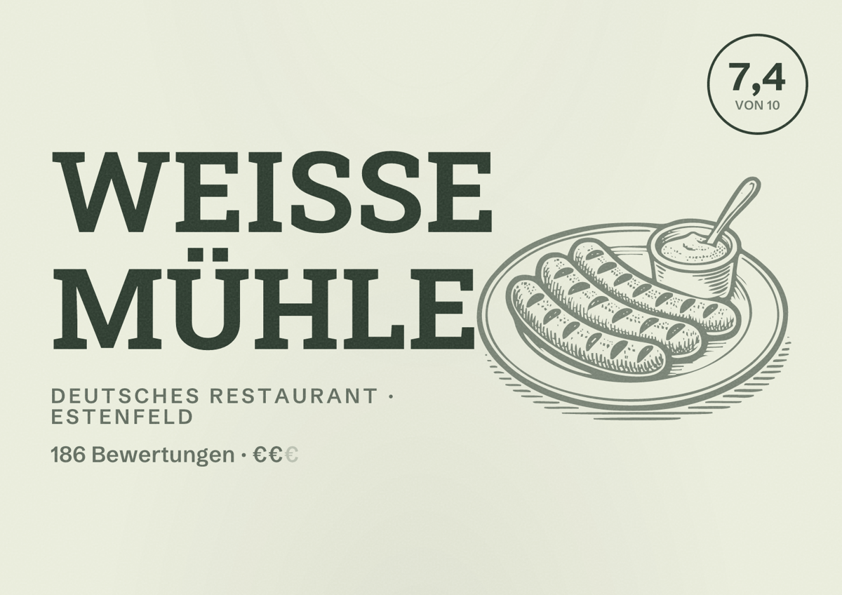 Illustriertes Poster von Weiße Mühle, Deutsches Restaurant in Estenfeld: Bewertung 7,4 von 10 aus 186 Bewertungen, Preisniveau €€