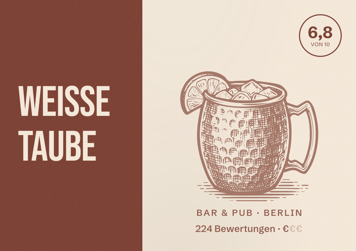 Illustriertes Poster von Weisse Taube, Bar & Pub in Berlin: Bewertung 6,8 von 10 aus 224 Bewertungen, Preisniveau €