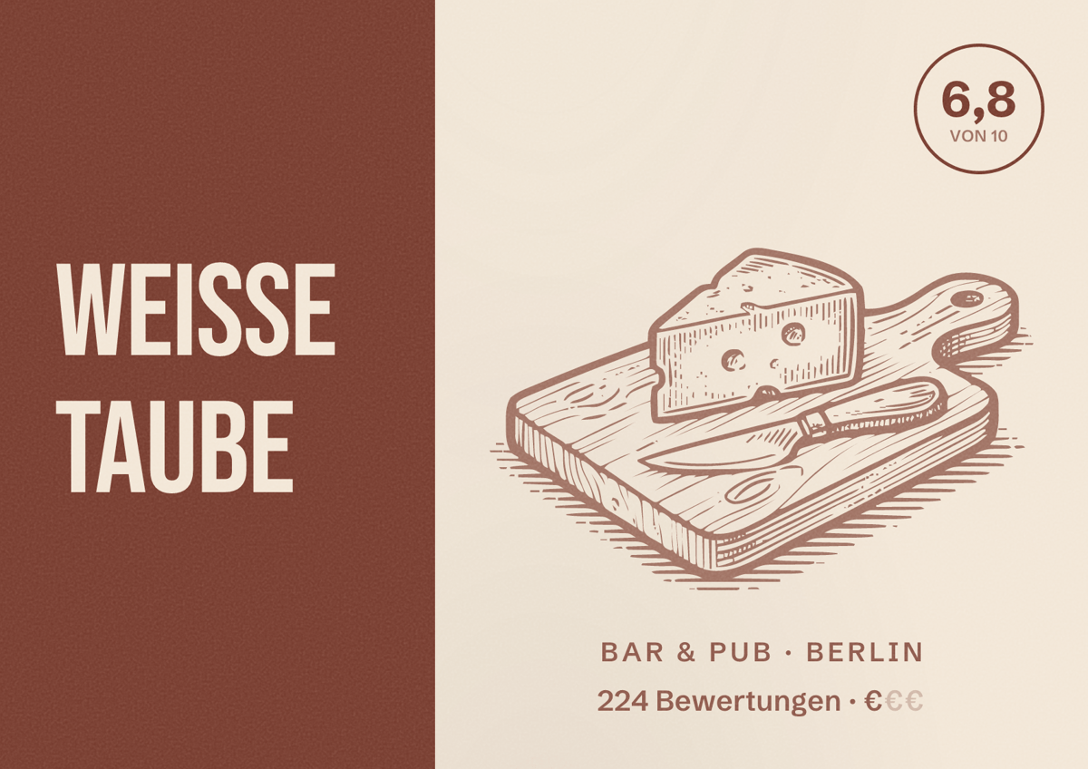 Illustriertes Poster von Weisse Taube, Bar & Pub in Berlin: Bewertung 6,8 von 10 aus 224 Bewertungen, Preisniveau €