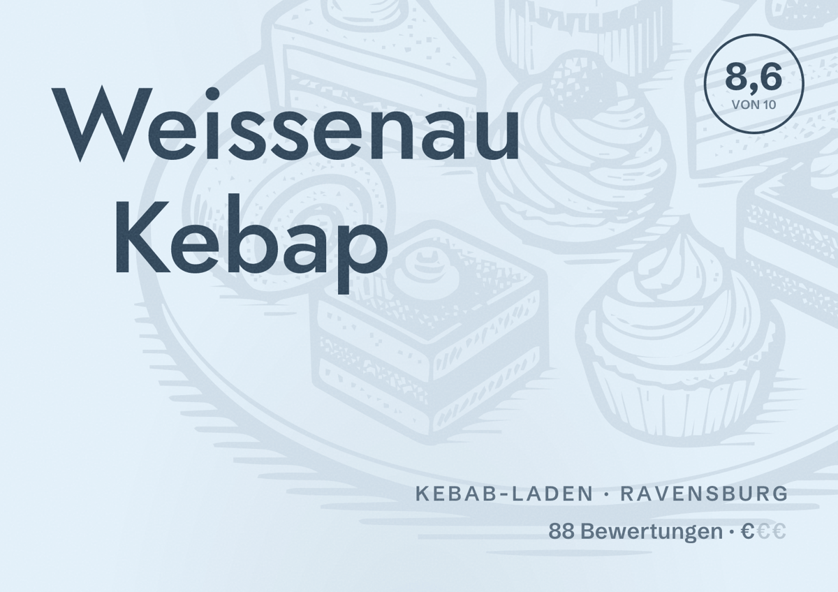 Illustriertes Poster von Weissenau Kebap, Kebab-Laden in Ravensburg: Bewertung 8,6 von 10 aus 88 Bewertungen, Preisniveau €