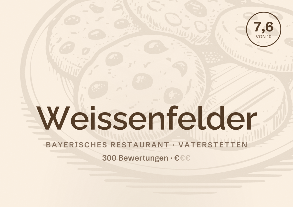 Illustriertes Poster von Weissenfelder, Bayerisches Restaurant in Vaterstetten: Bewertung 7,6 von 10 aus 300 Bewertungen, Preisniveau €