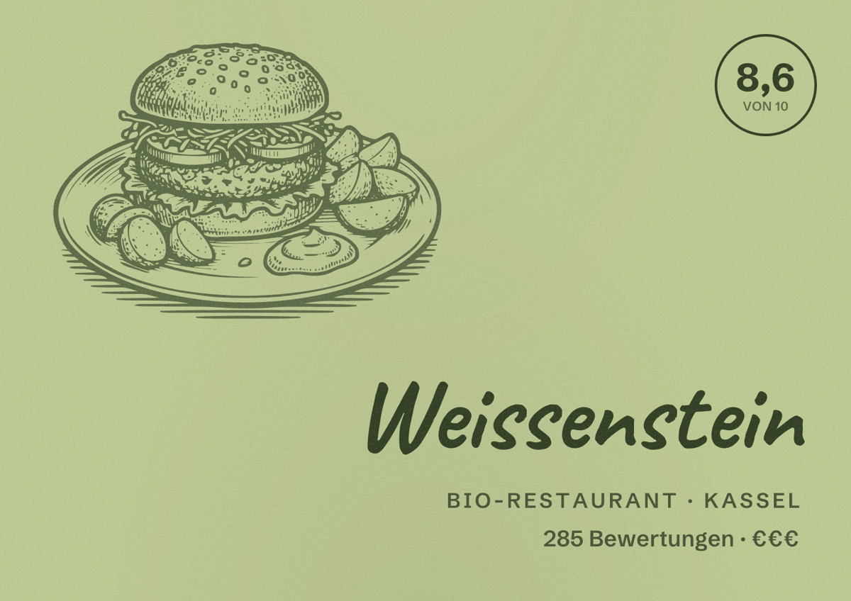 Illustriertes Poster von Weissenstein, Bio-Restaurant in Kassel: Bewertung 8,6 von 10 aus 285 Bewertungen, Preisniveau €€€