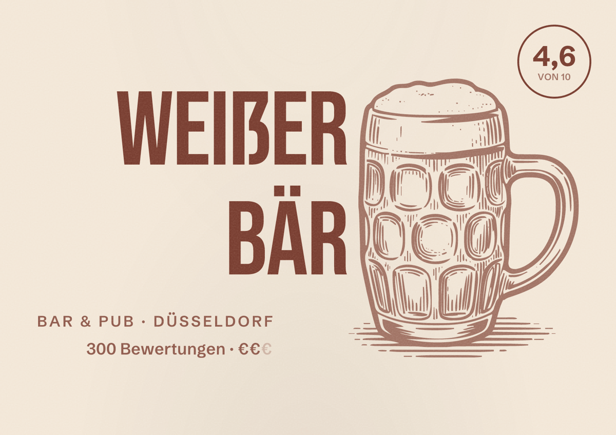 Illustriertes Poster von Weißer Bär, Bar & Pub in Düsseldorf: Bewertung 4,6 von 10 aus 300 Bewertungen, Preisniveau €€