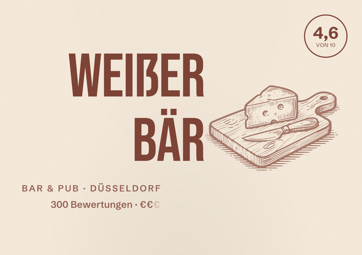 Illustriertes Poster von Weißer Bär, Bar & Pub in Düsseldorf: Bewertung 4,6 von 10 aus 300 Bewertungen, Preisniveau €€