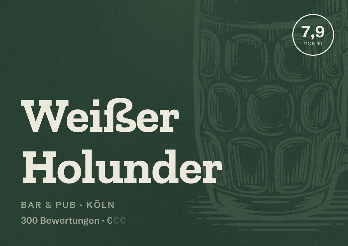 Illustriertes Poster von Weißer Holunder, Bar & Pub in Köln: Bewertung 7,9 von 10 aus 300 Bewertungen, Preisniveau €