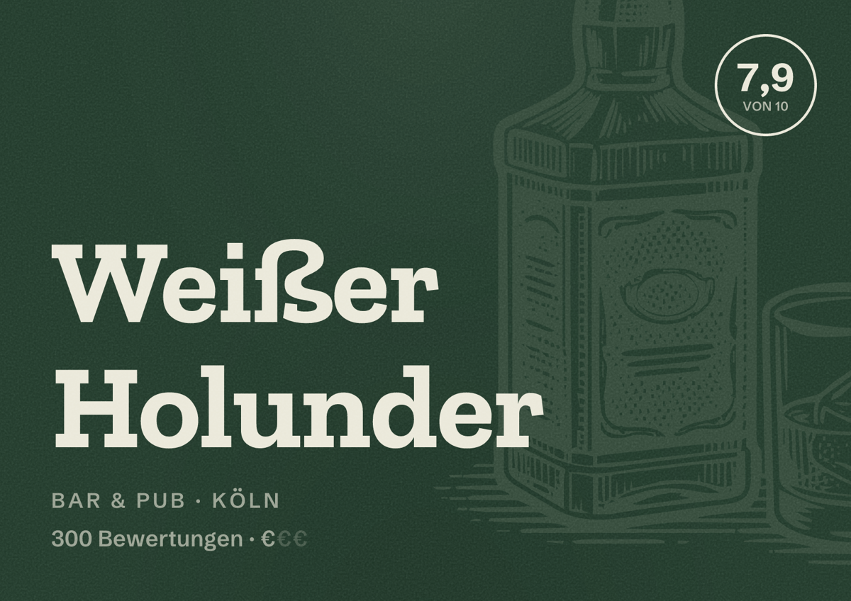 Illustriertes Poster von Weißer Holunder, Bar & Pub in Köln: Bewertung 7,9 von 10 aus 300 Bewertungen, Preisniveau €