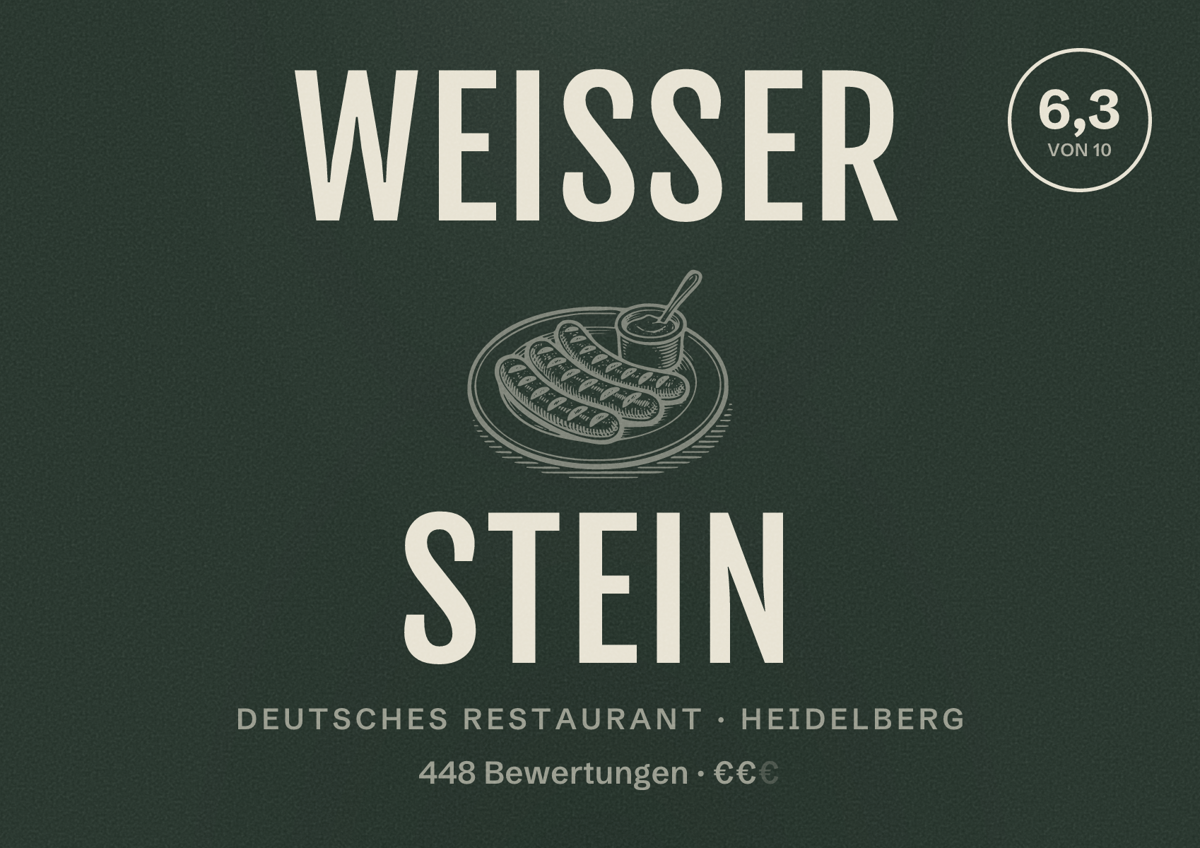 Illustriertes Poster von Weißer Stein, Deutsches Restaurant in Heidelberg: Bewertung 6,3 von 10 aus 448 Bewertungen, Preisniveau €€