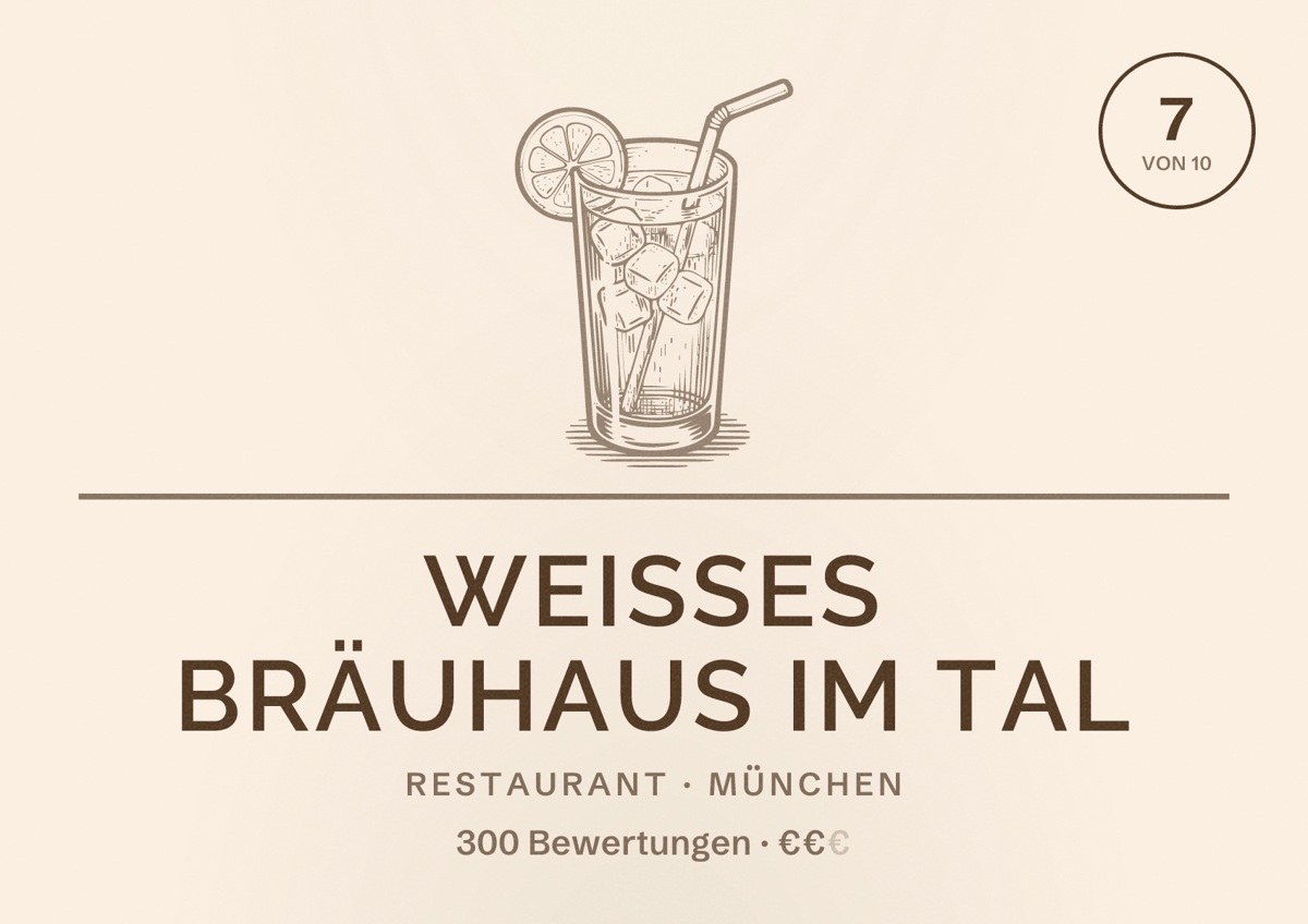 Illustriertes Poster von Weisses Bräuhaus im Tal, Restaurant in München: Bewertung 7 von 10 aus 300 Bewertungen, Preisniveau €€