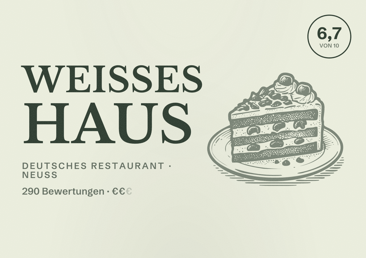 Illustriertes Poster von Weißes Haus, Deutsches Restaurant in Neuss: Gästebewertung 6,7 von 10 aus 290 Bewertungen