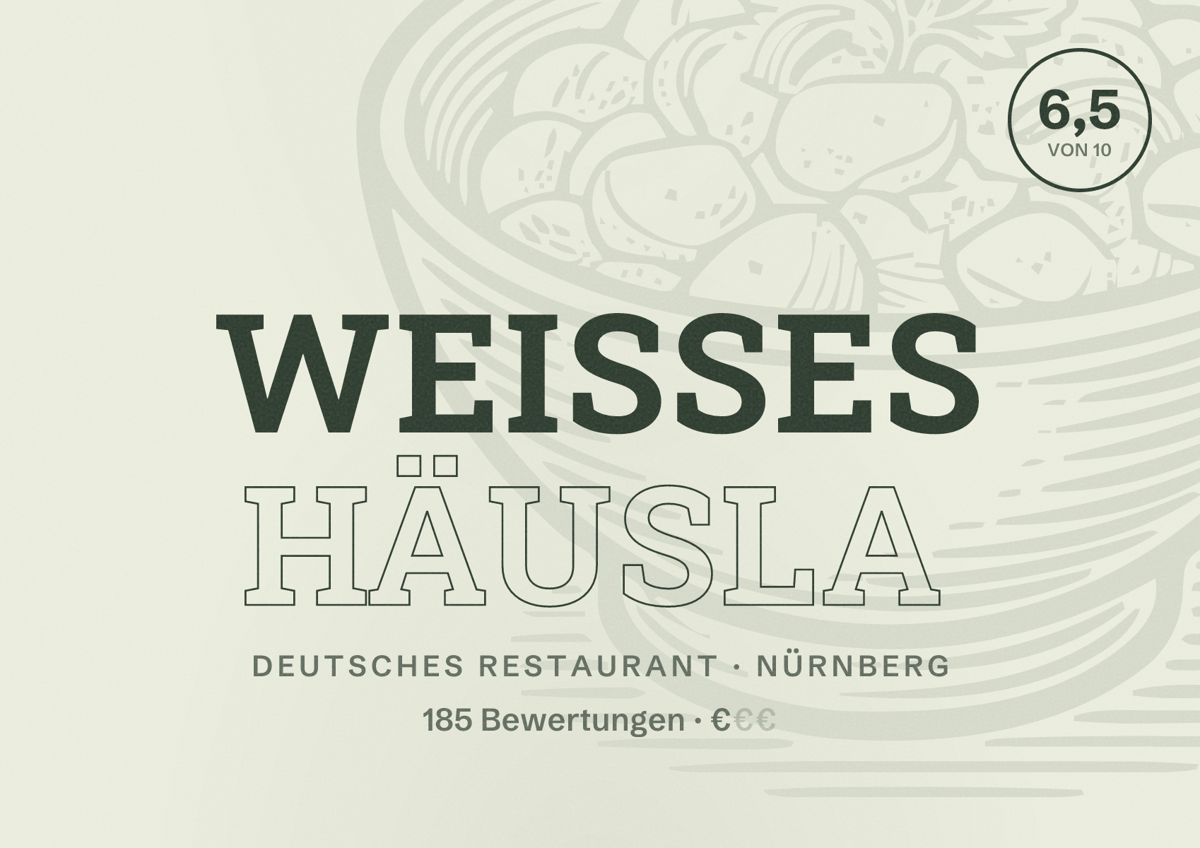 Illustriertes Poster von Weißes Häusla, Deutsches Restaurant in Nürnberg: Bewertung 6,5 von 10 aus 185 Bewertungen, Preisniveau €